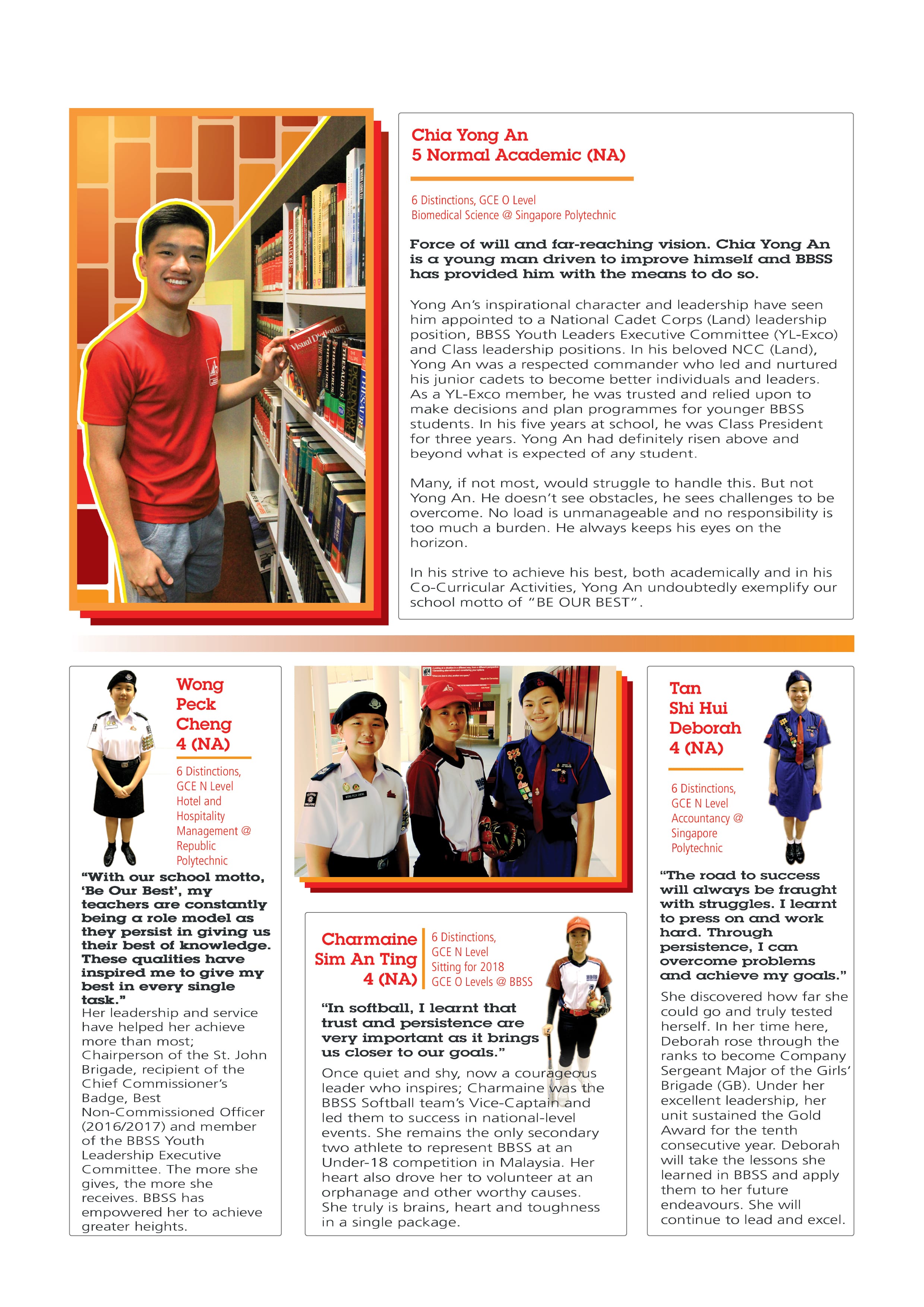 A school newsletter page featuring student achievement profiles with photos of five students in uniforms and casual attire.